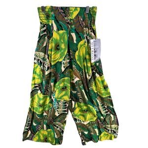 Melrose Vintage 80s Pants 8 Green Tropical Floral Wide Leg Crop Smocked Retro